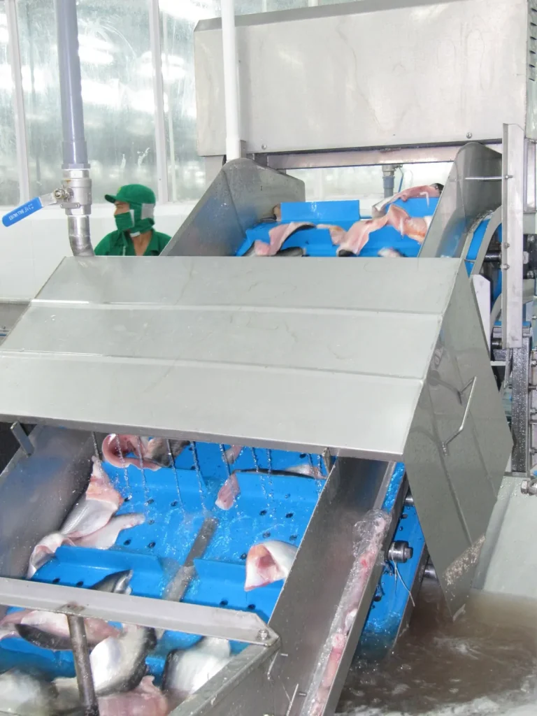 Volta cleated belt carrying fish fillets on an incline conveyor with water spray